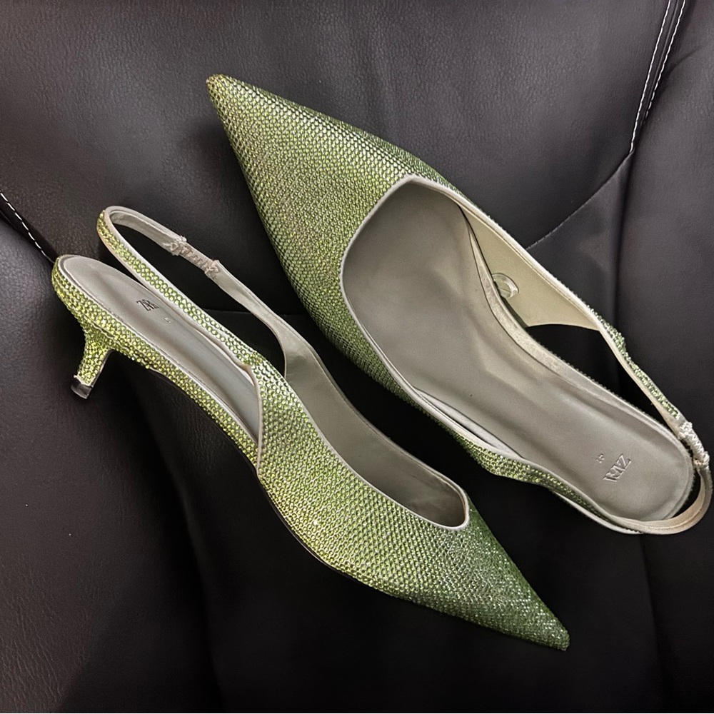 Zara Lime Green Textured Slingback Heels